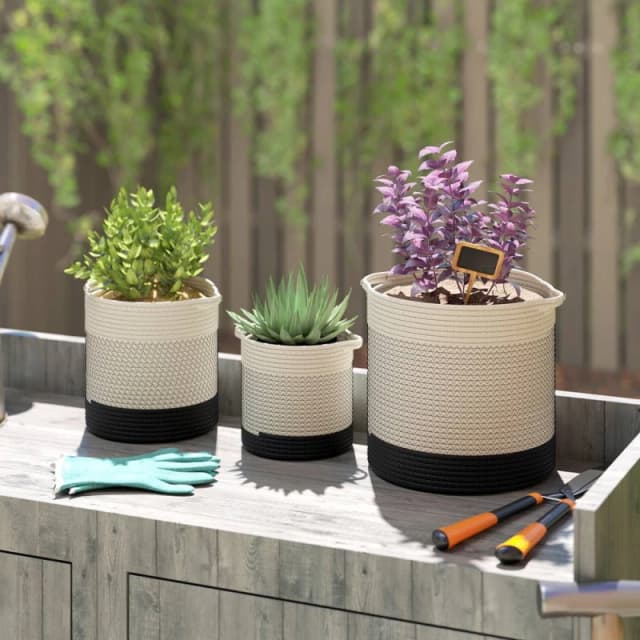 OUTSUNNY Plant Pots Handwoven Cotton Set of 3 White Size: Large White Unisex L