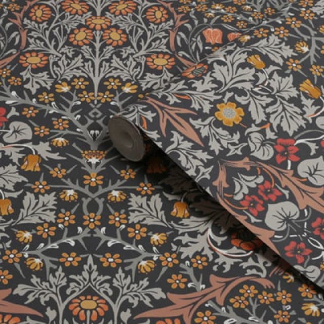 William Morris Gallery Collection Charcoal & Burnt Orange Blackthorn Smooth Wallpaper