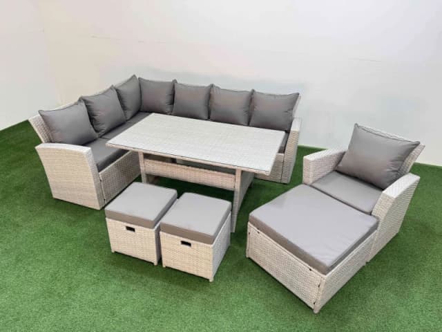 Fimous 10 Seater Rattan Garden Furniture Set Dining Table Chair 3 Footstools in Light Grey Light Grey Unisex