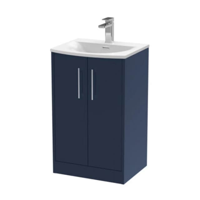 Hudson Reed Juno Floor Standing 2-Door Vanity & Curved 1 Tap Hole Basin, Refined Sink Vanity Unit, Midnight Blue