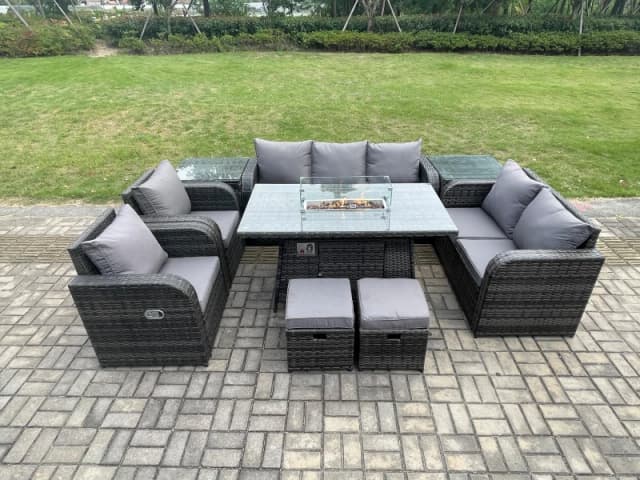 Fimous 9 Seater PE Wicker Outdoor Rattan Garden Furniture Set Propane Gas Fire Pit Table and Sofa Chair set with 2 Side Tables 2 Footstools Dark Grey