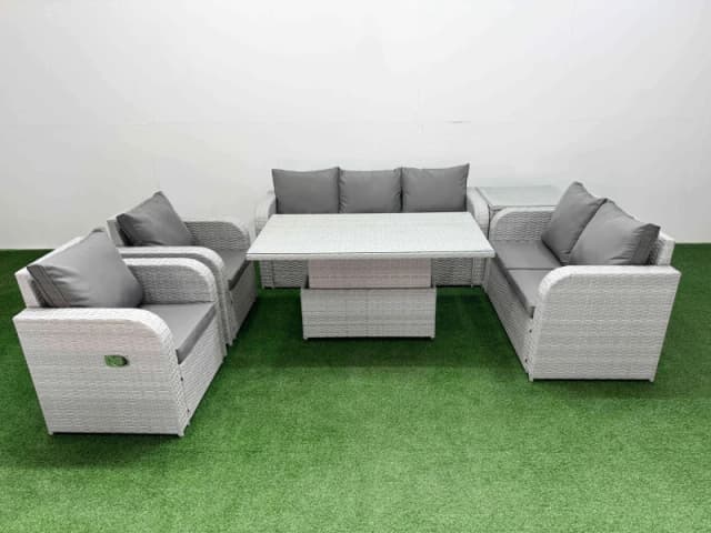 Fimous PE Rattan Garden Furniture Set Reclining Chair Sofa Double Love Seat 2 Seater Sofa Lounge Set Adjustable Lifting Dining or Coffee Table Side Ta