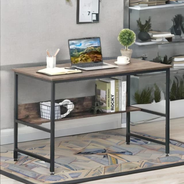 Rafaelo Mobilia Industrial Rustic 2 Tier Computer Desk in Dark Brown Dark Brown Unisex