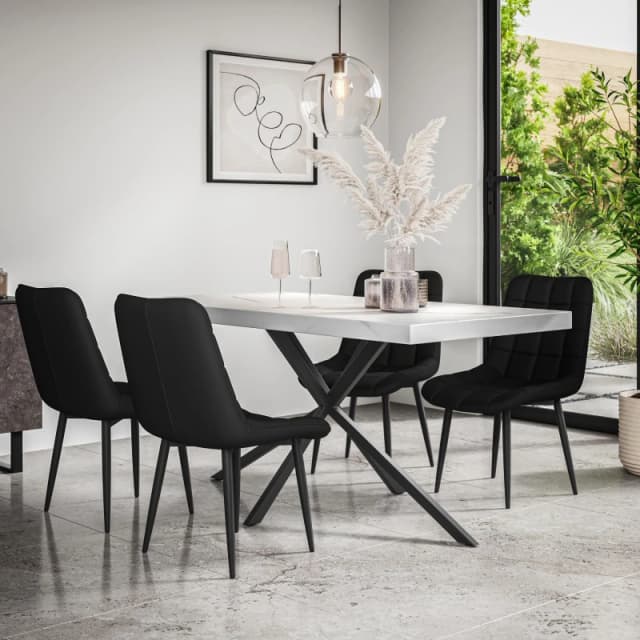 More4Homes Donni Dining Table And Chairs - White Marble Effect Table Top W Black Legs + Nova Faux Leather Dining Chair Set Of 6 (Black)