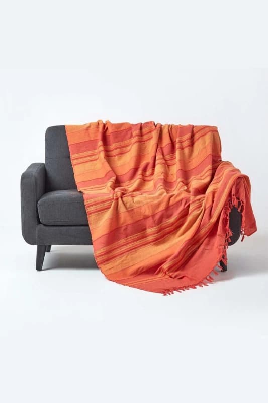 Homescapes Cotton Morocco Striped Terracotta Throw, 255 X 360 Cm