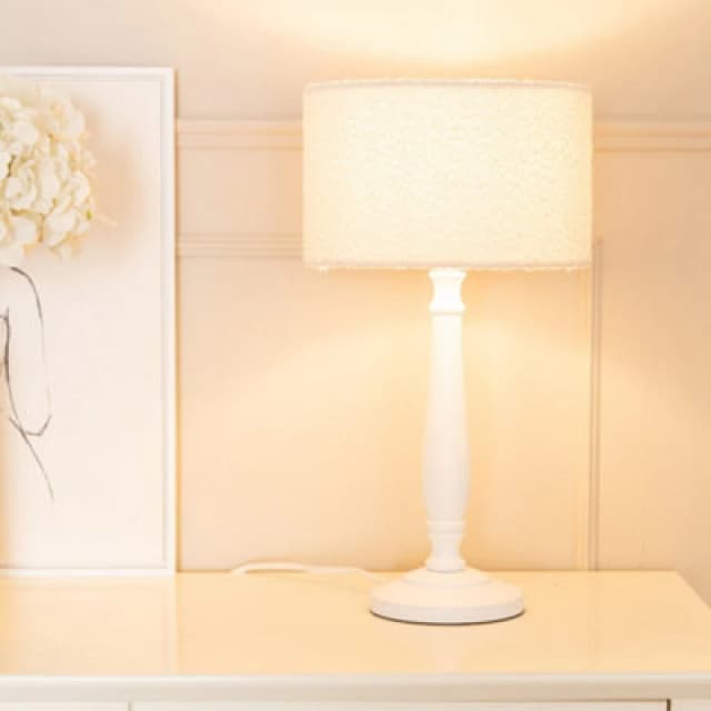 ValueLights Victoria Candlestick White Wood Table Lamp with Cream Boucle Drum Lamp Shade White