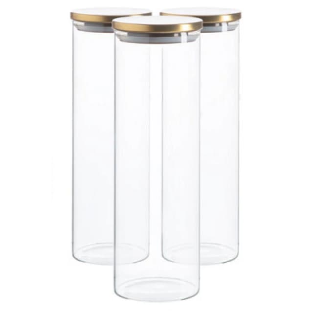 Argon Tableware Glass Storage Jars - Gold Lid - 2 Litre - Modern Round Scandi Organisation Container Glass Jar - Set Of 3