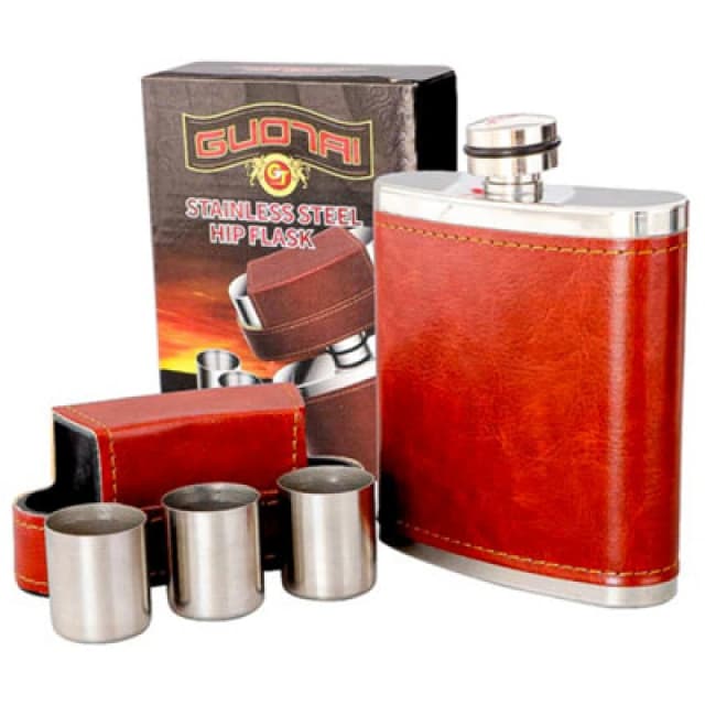 KAV Premium Stainless Steel with Leather Cover and Leak Proof Pocket Hip Flask 8 Oz Ideal for Whiskey, Bourbon, And Liquor Brown
