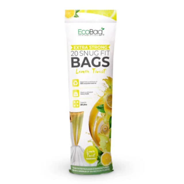Ecobag Lemon Scented Kitchen Drawstring Bin Liner 30L, 28 Microns Heavy Duty, 620 X 810mm, 20 Pack