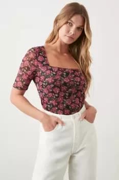 Rose Square Neck Fitted Mesh Top
