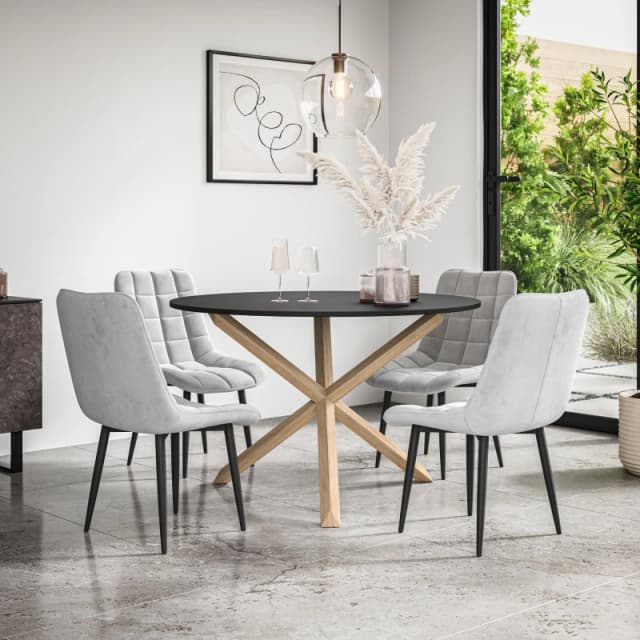 More4Homes Malvern Round Dining Table And Chairs - Black Table Top W Solid Oak Legs + Nova Velvet Dining Chair Set Of 4 (Grey)