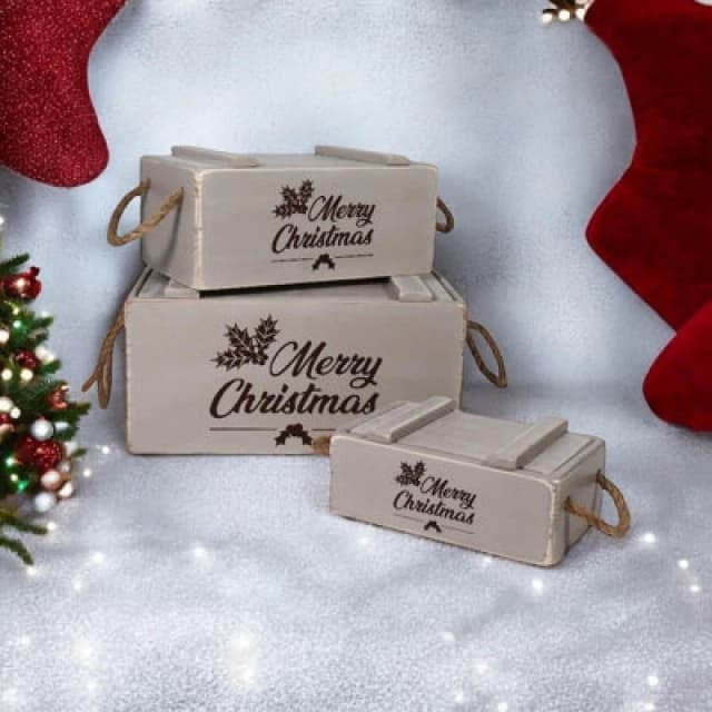 Minster Crates With Lids Rope Hand (Set Of 3) - Wood - Rustic Grey