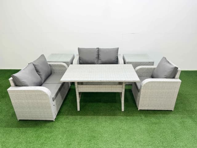 Fimous High Back Poly Rattan Garden Furniture Set with Reclining Chair Loveseat Sofa Rectangular Dining Table Indoor Outdoor Patio Set 2 Side Table L