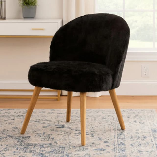 Premier Housewares Black Fur Effect Chair, Backrest Indoor Chair, Easy to Clean Small Lounge Chair Black