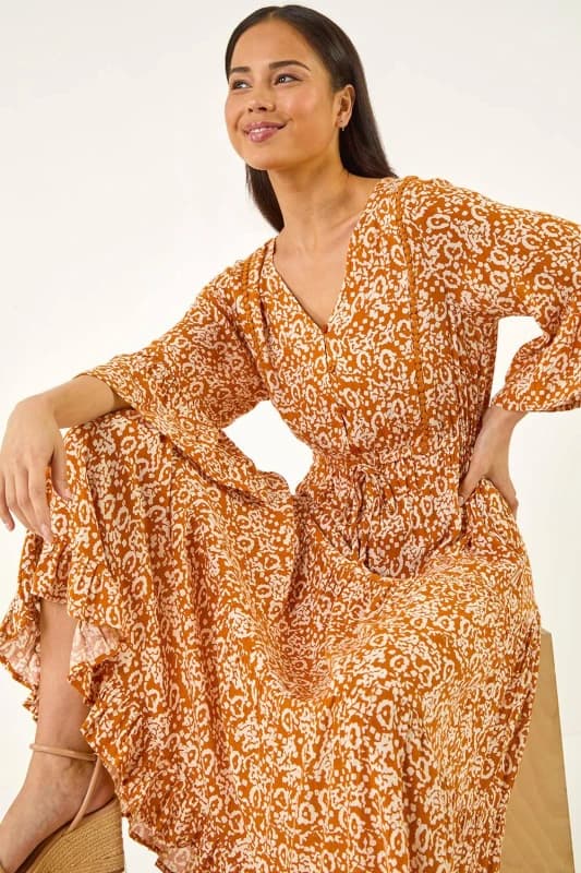 Roman Womens Petite Abstract Print V-Neck Midi Dress in Orange Size: 12 Orange Female 12