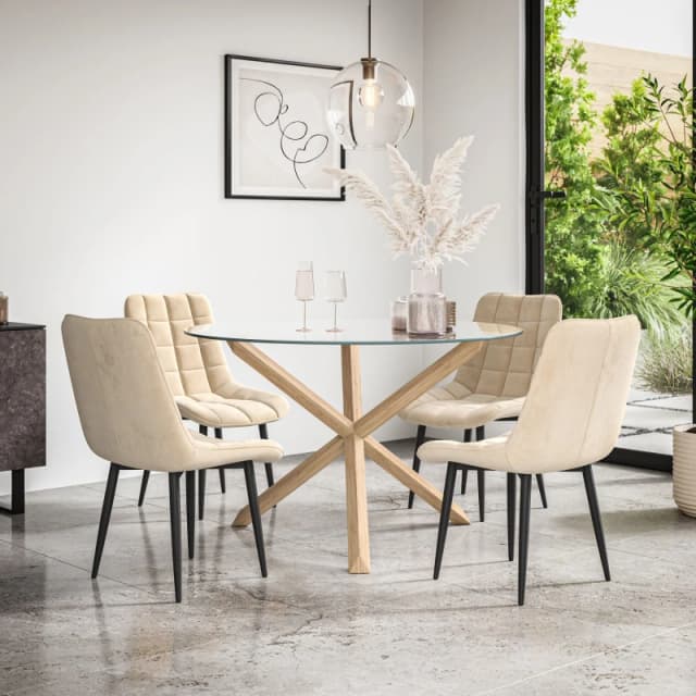 More4Homes Malvern Round Dining Table And Chairs - Clear Glass Table Top W Solid Oak Legs + Nova Velvet Dining Chair Set Of 4 (Beige)