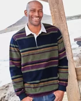 Cotton Traders Mens Fleece Stripe Rugby in Green