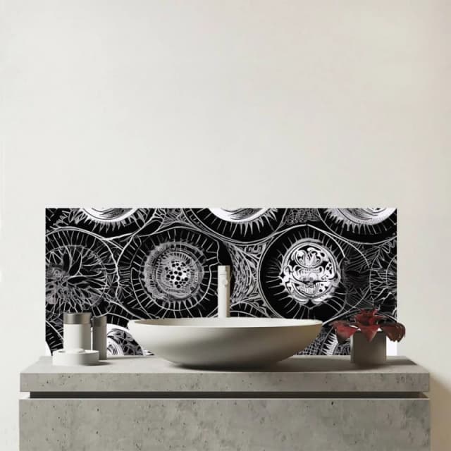 Warren Reed - Designer Black White Moon & Sun Glass Bathroom Splashback in Grey Grey Unisex