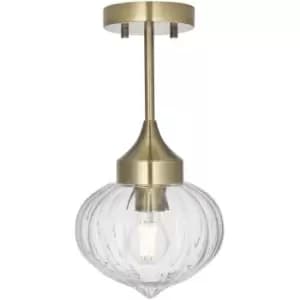 Semi Flush Ceiling Light Fitting - Antique Brass Plate & Ribbed Glass Shade