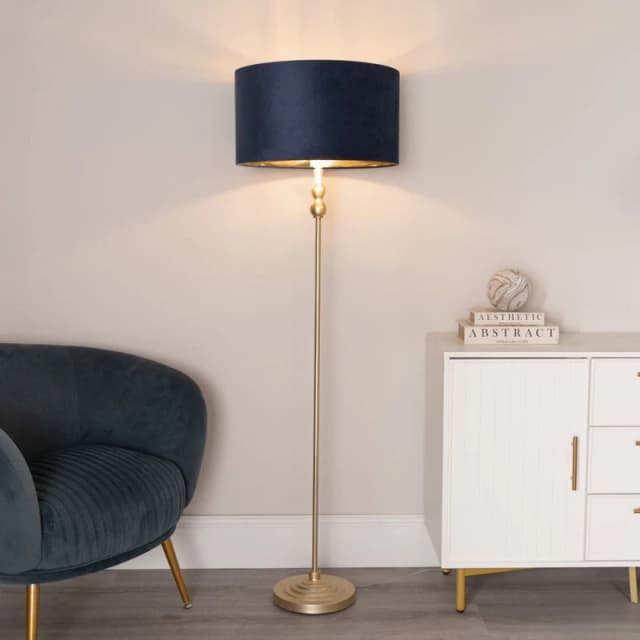 ValueLights ValueLights Maggie Gold Candlestick Floor Lamp with Velvet with Gold Inner Lamp Shade in Dark Navy Dark Navy One Size Unisex 5059406061608