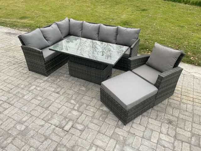 Fimous Wicker PE Outdoor Rattan Garden Furniture Set Height Adjustable Rising Lifting Table Sofa Dining Set with Big Footstool Armchair in Dark Grey D