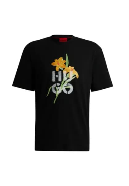 HUGO Red Dilablumi Floral Cotton-Jersey T-Shirt - L Black Tops male 50517841-001 L