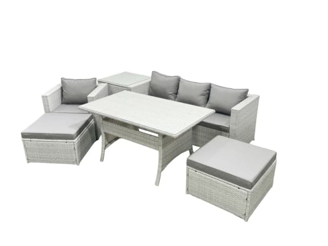 Fimous Rattan Garden Furniture Set Outdoor 6 Seater Patio Dining Sets with Glass Top Dining Table and Side Table Light Grey Mixed Light Grey