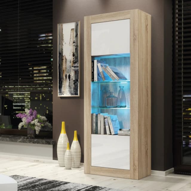 Creative Furniture Creative Furniture Illume Display Cabinet 170cm - A Stylish and Modern Cabinet with Glass Shelves and LED Lights in Light Oak Light