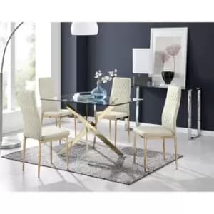 Furniturebox UK - Furniturebox Leonardo 4 Gold Leg Glass Dining Table and 4 Cream Milan Velvet Dining Chairs With Gold Legs Diamond Stitch Modern