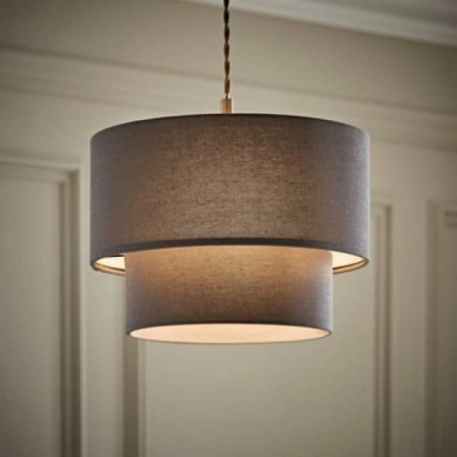 ValueLights ValueLights Jodie Linen Two Tier Easy Fit Drum Ceiling Pendant Light Lamp Shade in Grey Grey One Size Unisex 5016529273547