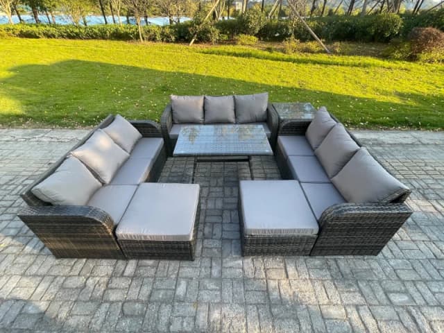 Fimous Rattan Garden Furniture Set 11 Seater Patio Outdoor Lounge Sofa Set with Side Table Rectangular Dining Table 2 Big Footstool Dark Grey