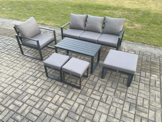 Fimous Aluminium Outdoor Garden Furniture Set Patio Lounge Sofa with Oblong Coffee Table 3 Footstools Armchair Dark Grey Dark Grey Unisex