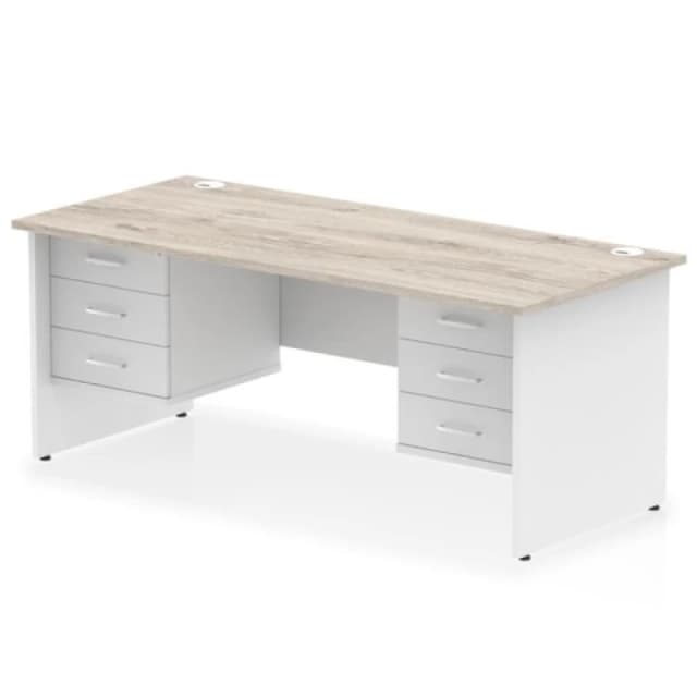 Impulse Impulse 1800 x 800mm Straight Office Desk Grey Oak Top White Panel End Leg with 2 x 3 Drawer Fixed Pedestal MIRDP18FP3FP3GRYWHT