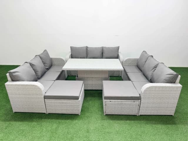 Fimous PE Rattan Lounge Sofa Set 11 Seater Outdoor Garden Furniture Set with Adjustable Lifting Dining or Coffee Table 3 Seater Sofa 2 Big Footstools