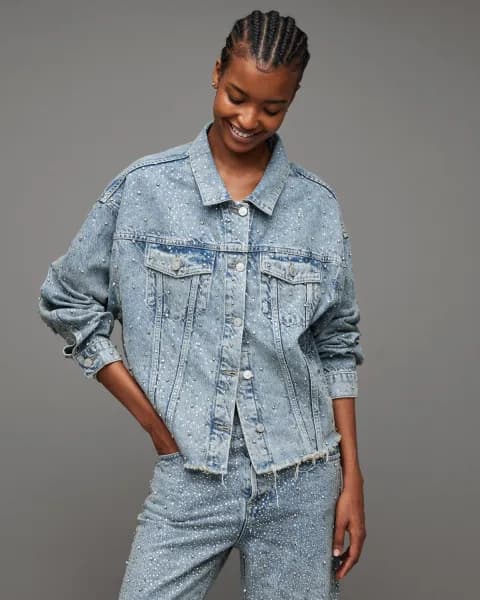 AllSaints Piper Diamante Crystal Denim Jacket
