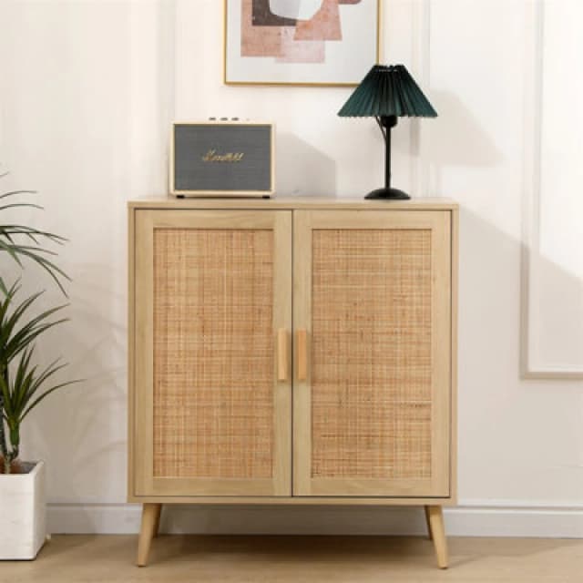 Furniturehmd 2 Door Cabinet With Wicker Front,storage Buffet,organiser Unit,solid Pine Wood Legs