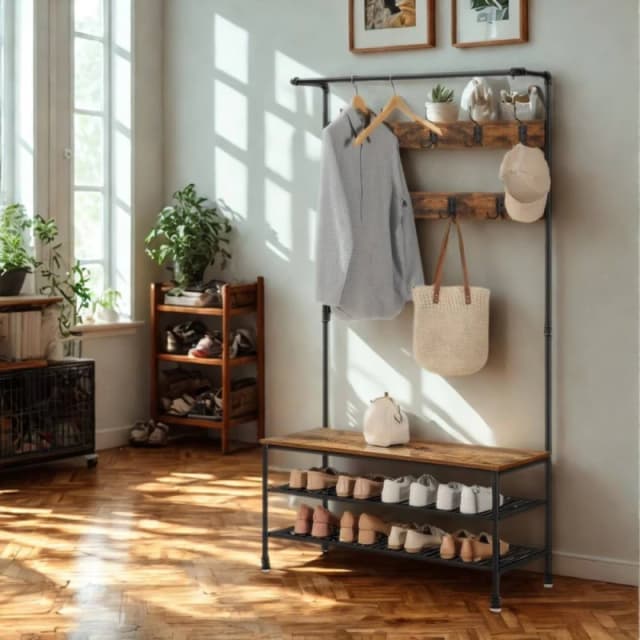 Pirlo Plush Entryway Hall Tree Coat Rack Stand With Shoe Storage & Hooks in Brown Brown Unisex