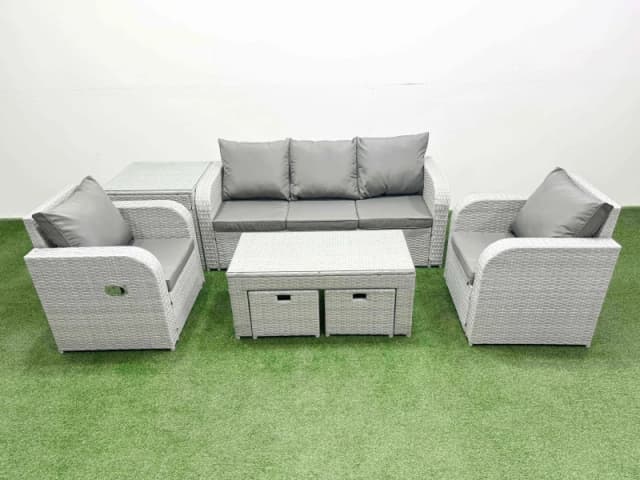 Fimous PE Rattan Garden Furniture Set Reclining Chair Sofa Lounge Sofa Set Rectangular Coffee Table Side Table 2 Small Stools Light Grey Light Grey