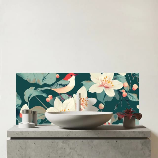 Warren Reed - Designer A Bird Amongst The Lillies Glass Bathroom Splashback in Green Green Unisex