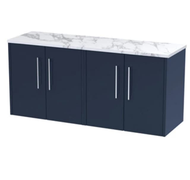 HUDSON REED Hudson Reed - Juno Wall Hung 4-Door Vanity Unit with Carrera Marble Worktop 1200mm Wide - Midnight Blue JNU2923LCM2