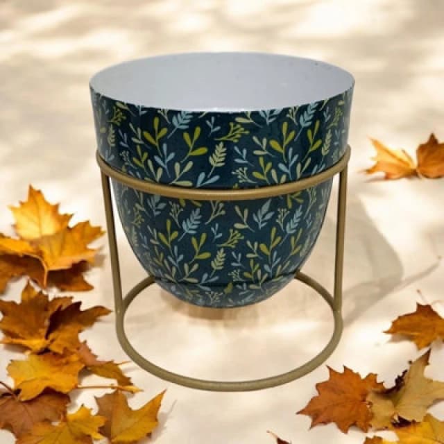 Minster Small Leafs Print Design Planter In Stand - L13 X W13 X H13cm - Blue/green