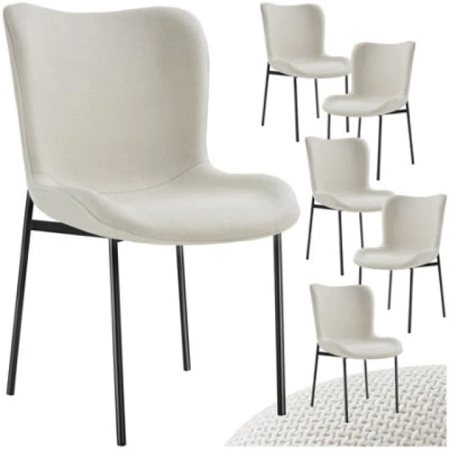 Tectake Set Of 6 Dining Chair Tessa - Ergonomic High Backrest, Slim Steel Legs, Soft Fabric - Woven Fabric Off-White/black