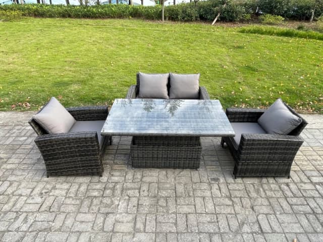 Fimous High Back Rattan Garden Furniture Sofa Sets with Height Adjustable Rising Lifting Table Side Table Big Footstool in Dark Grey Dark Grey Unisex