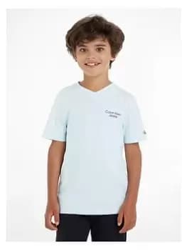 Calvin Klein Jeans Boys Stack Logo V-neck Short Sleeve T-Shirt - Keepsake Blue, Light Blue, Size 10 Years