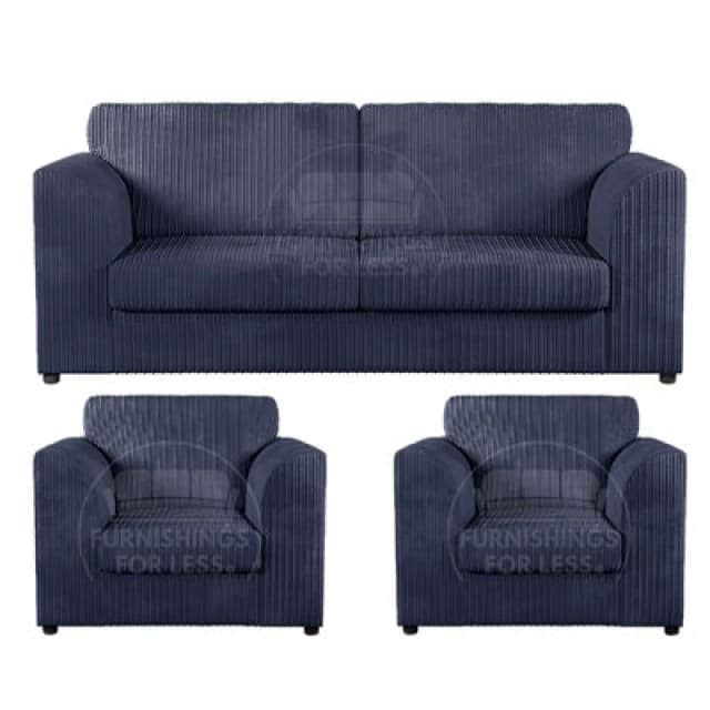 Furnishings For Less UK Luxor Jumbo Cord 3 + 1 + 1 Fabric 3 Piece Sofa Suite - Fullback Navy Blue