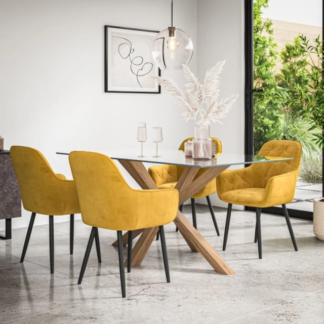 More4Homes Etta Glass Dining Table And Chairs - Glass Top W Solid Oak Legs + Anika Velvet Dining Chair Set Of 4 (Mustard)