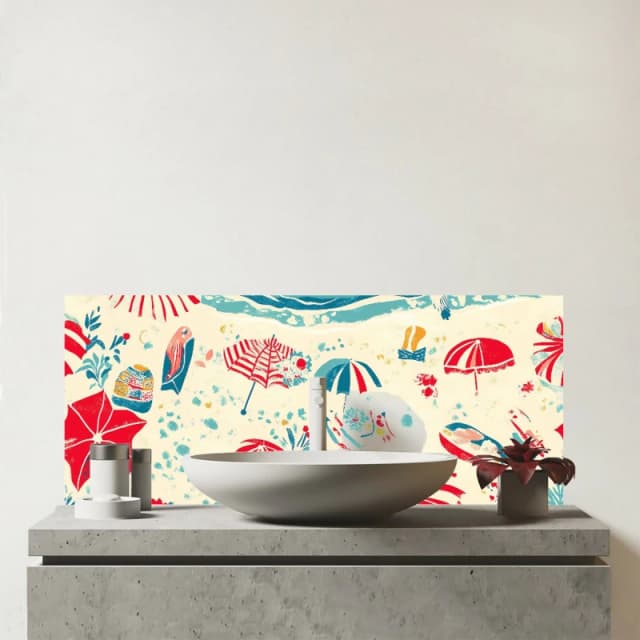Warren Reed - Designer A Day At The Beach Glass Bathroom Splashback Multicolor Unisex