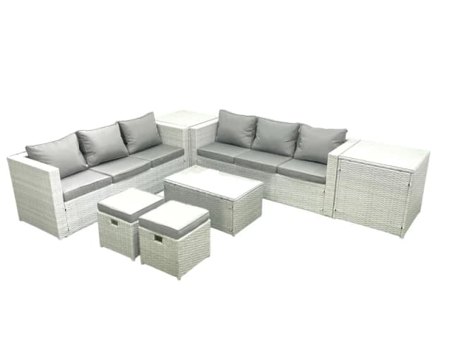Fimous Garden Outdoor PE Rattan Furniture Set 8 Seater Rattan Garden Sofa Set with 2 Small Footstool 2 Side Tables Light Grey Mixed Light Grey