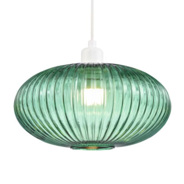 Happy Homewares Modern Designer Emerald Forest Green Line Ribbed Glass Oval Pendant Lamp Shade