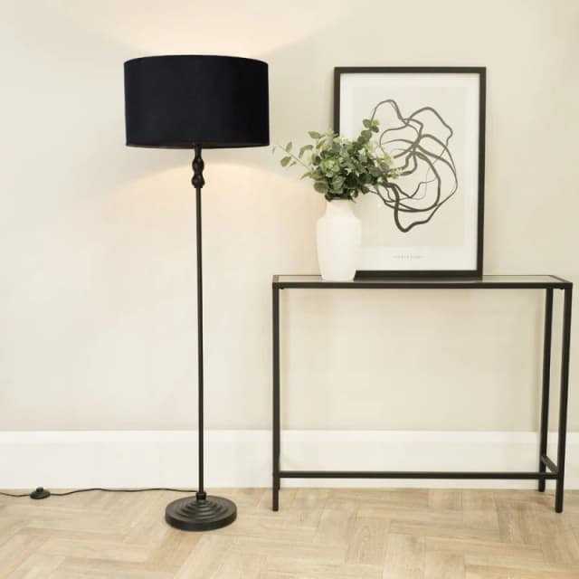 ValueLights Maggie Black Metal Candlestick Floor Lamp with Velvet Lamp Shade Black